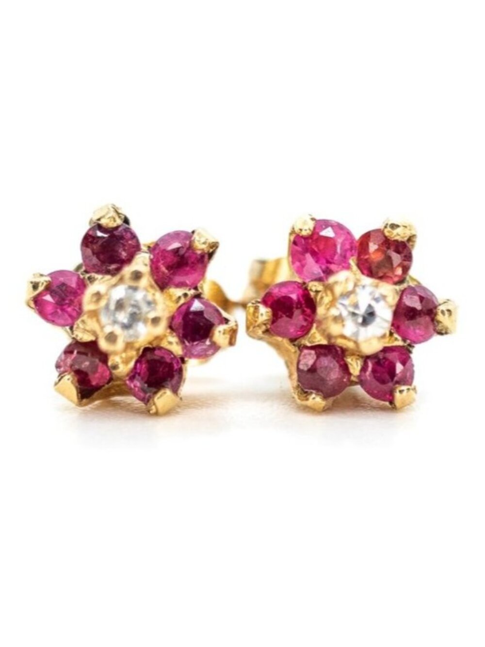 Dainty vintage 14K ruby and diamond floral stud earrings